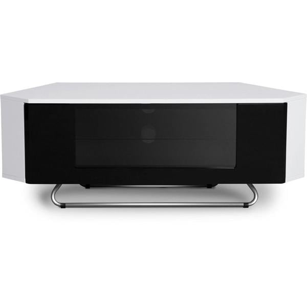 Homeology Hampshire Corner-Friendly Gloss White with Black Contrast Beam-Thru Remote Friendly Door 26"-50" Flat Screen TV Cabinet