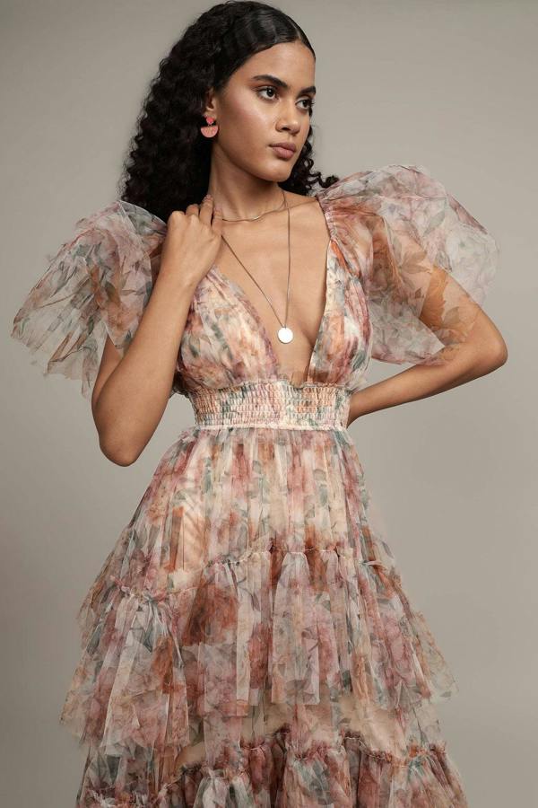 BALOU Womens Floral Tulle Maxi Dress