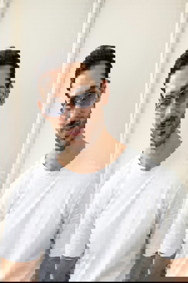 SVNX Metal Oval Frame Sunglasses with Blue Lenses