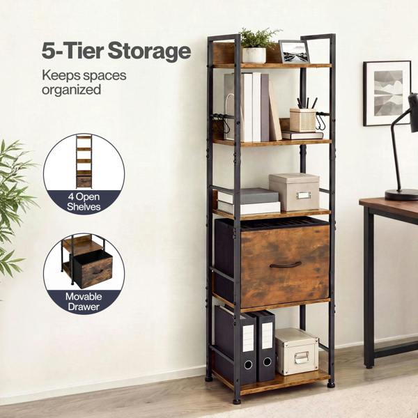 Levede Bookcase Drawer 5 Tier Slim Book Shelf Storage Unit Living Room Brown