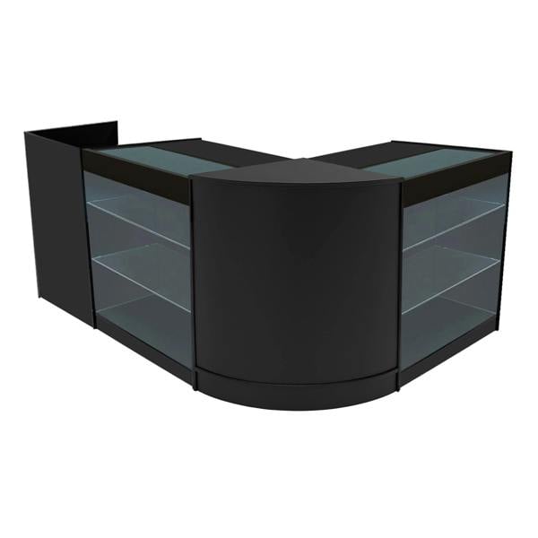 Black Aries LED Shop Counter Set featuring sleek glass shelves and a modern curved design, ideal for retail displays