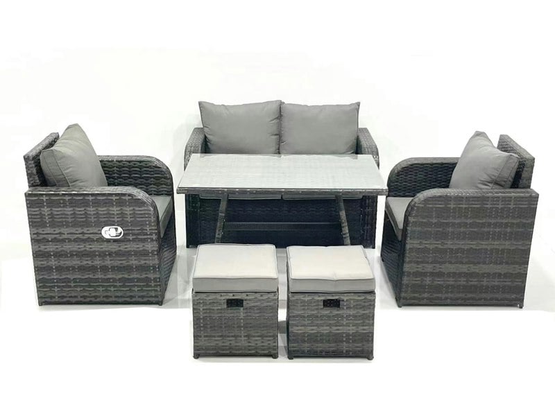 Fimous Outdoor Garden Furniture Set Rattan Sofa Dining Table Set with Reclining Chair 2 Small Footstool Dark Grey Mixed