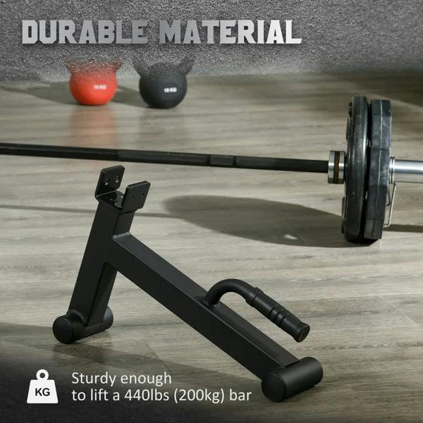 Black deadlift barbell jack with thick frame, supporting a barbell and plates