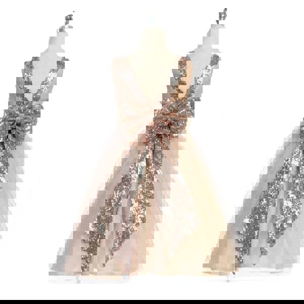 Rear detailing on blush coloured girls dress with sequin bow