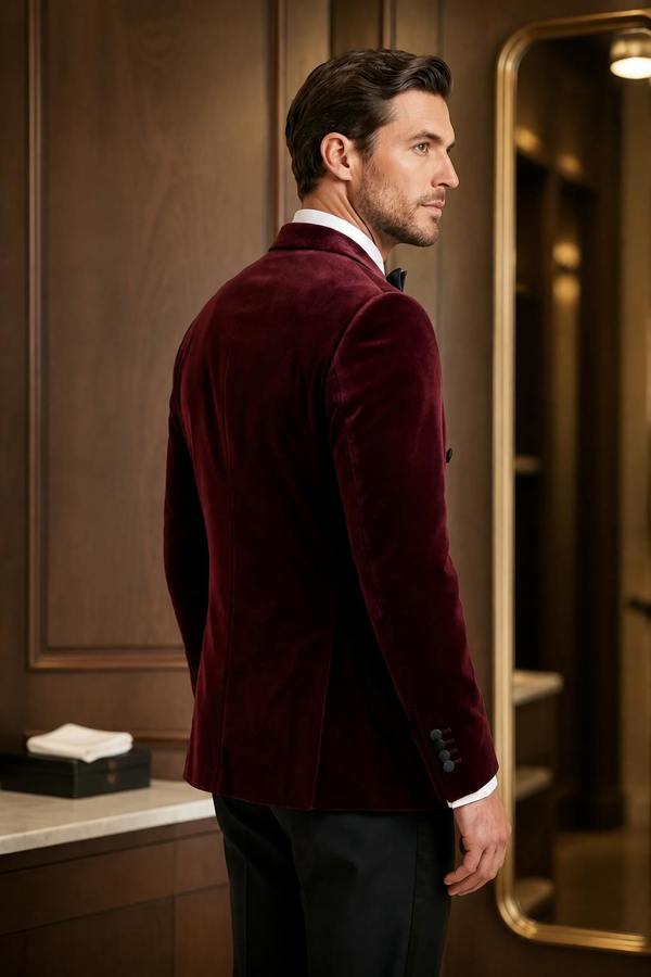 Pamoni Burgundy Double Breasted Velvet Tuxedo Blazer