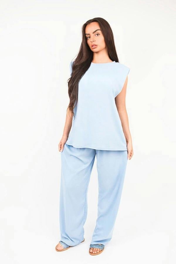 Liliane Sleeveless Relaxed Fit Top And Wide Leg Trouser Co-ord Set - Sky Blue