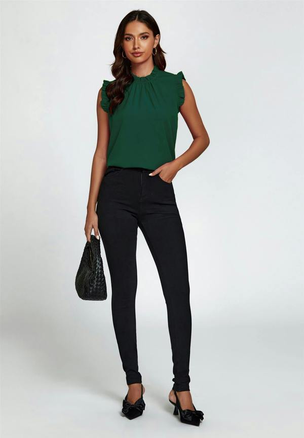 FS Collection Frill Trim Sleeve Frill Neck Blouse Top In Dark Green