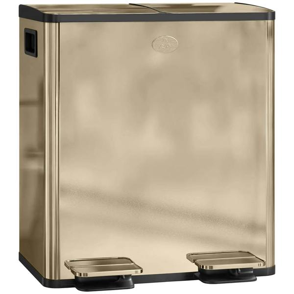 Gold-tone dual-compartment stainless steel bin with deodoriser holders and front pedal lids