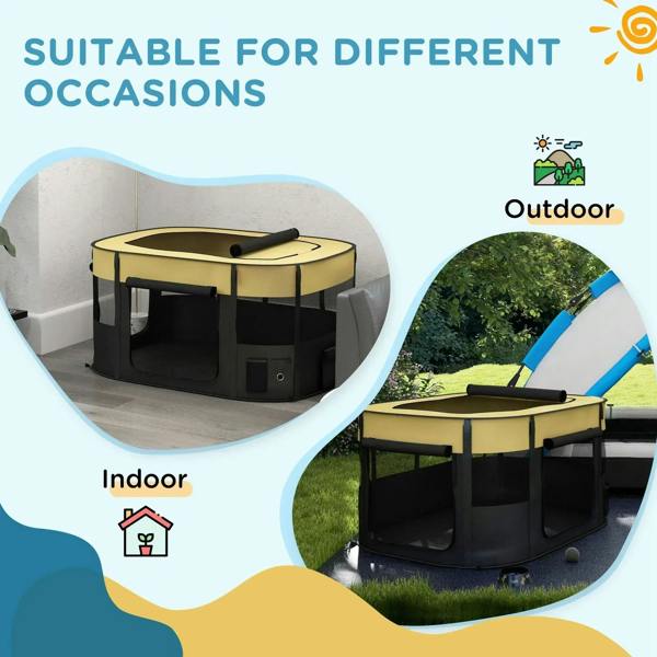 Yellow and black foldable dog playpen with carry handle and door opening