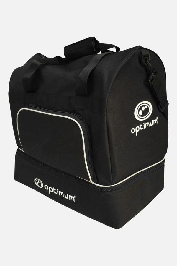 Black Optimum player kit bag with white piping, logos, boot compartment and carry handles, on white - Optimum