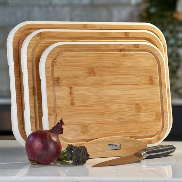 Cooks Professional 3 Piece Bamboo Chopping Board Set with Stand | White Edging