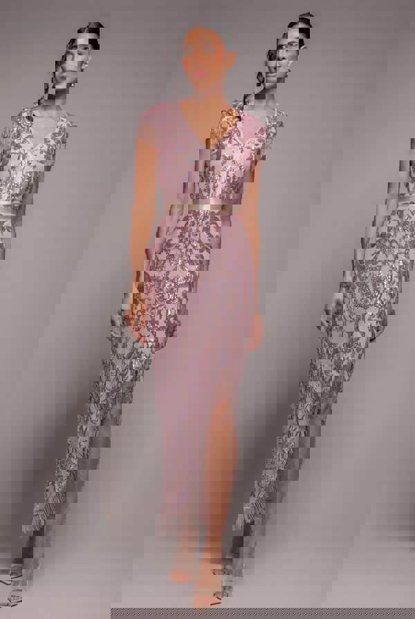 Embroidered Sequin Tassel Front Split Midaxi Dress - Blush Pink DR4590