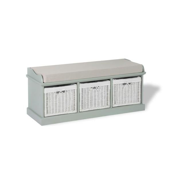 Statement Furniture Tetbury Bench with 3 White Wicker Baskets and Cushion, Assembled Hallway Storage