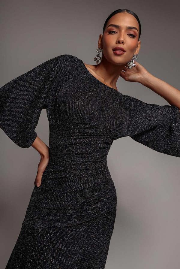 Lurex Kimono Sleeve Gathered Waist Maxi Dress - Black DR5196