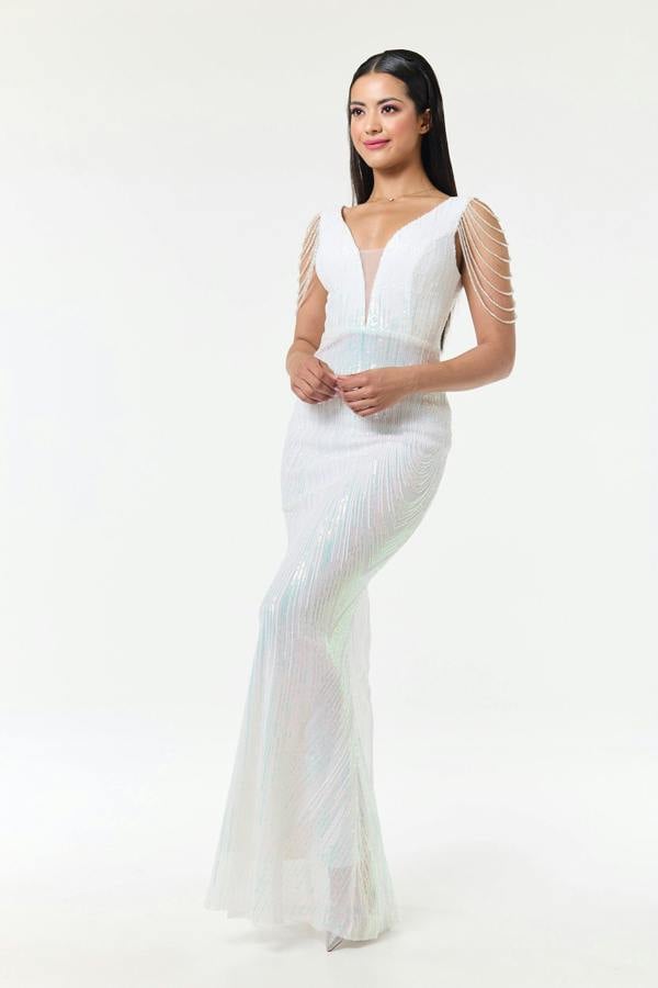 LuvForever Riona - White Jewelled Shoulder Sequin Maxi Dress