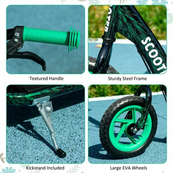 Green kids kick scooter features: textured handle grips, steel frame, kickstand, EVA wheels