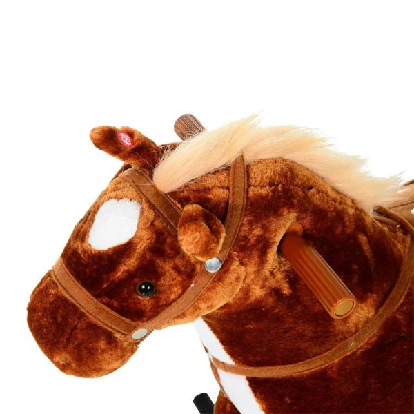 Plush brown rocking horse toy head close-up with white muzzle patch and tufted mane