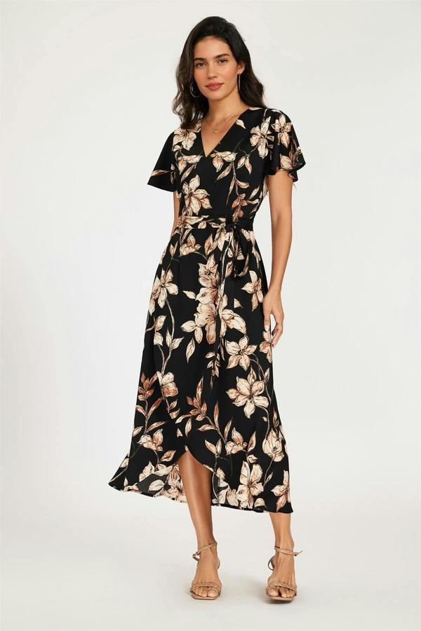 FS Collection Black & Brown Floral Print Wrap Maxi Dress