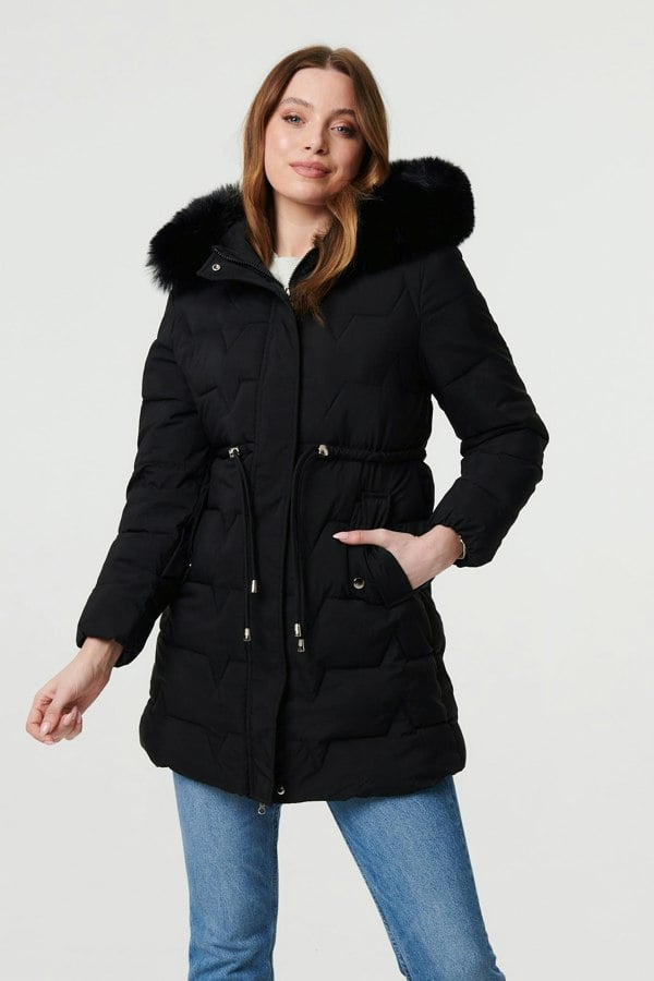 Black | Faux Fur Hooded Tie Waist Puffer Jacket
