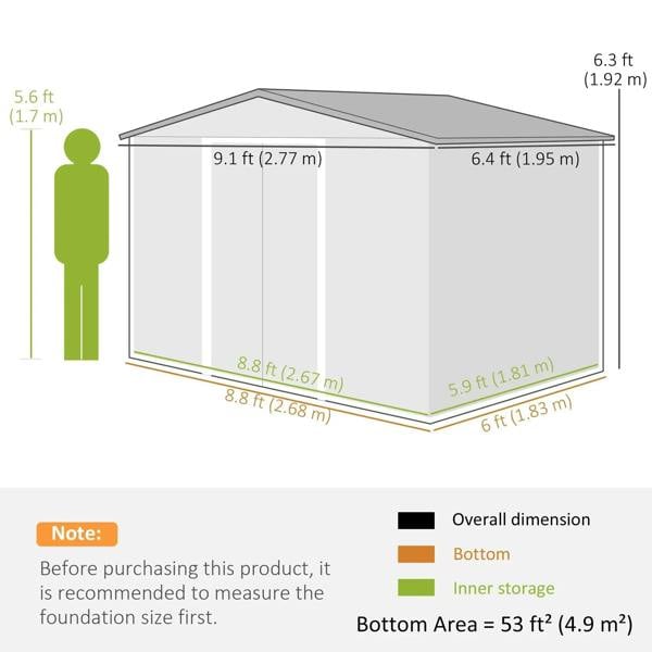 Metal shed layout diagram with roof and base measurements