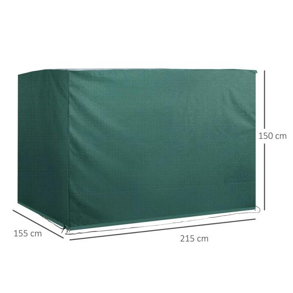 Dark green bench cover with dimensions 215 x 155 x 150 cm for patio furniture