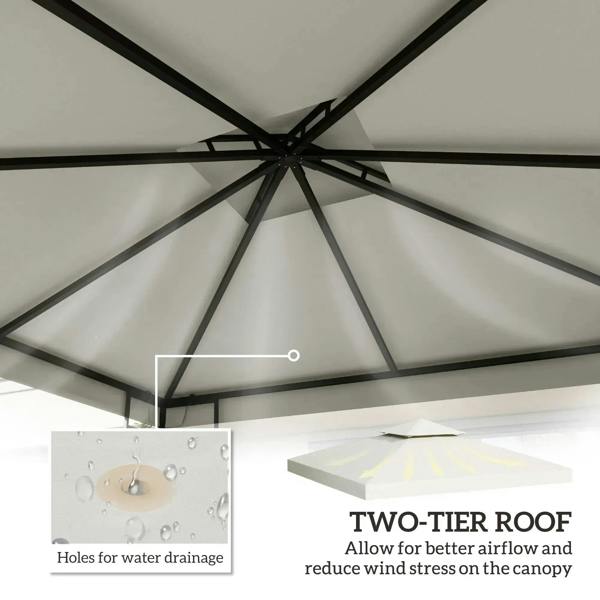 Cream white gazebo canopy underside with metal support ribs and central crossbar.