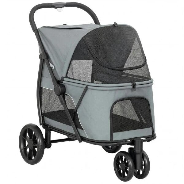 Dog Stroller, 3 Wheels Pet Stroller with Dual Entry, Easy One-Click Quick Fold, Mesh Windows, Washable Cushion
