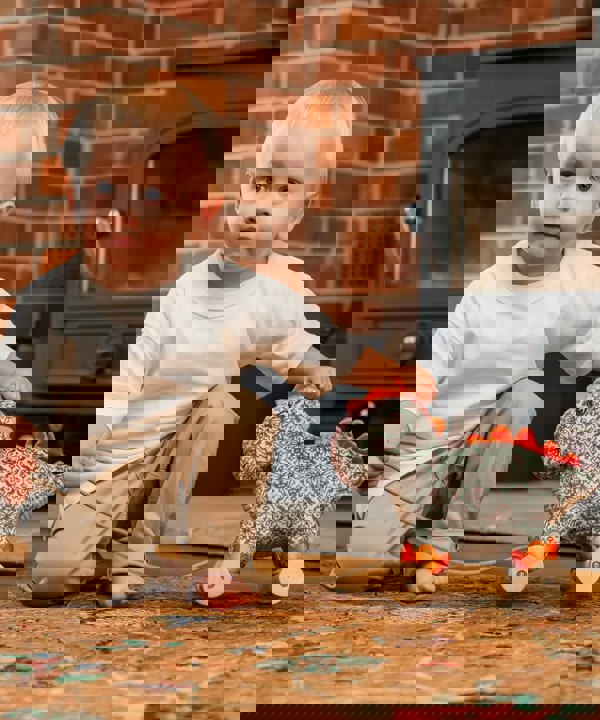 Child playing with dinosaur pull toy