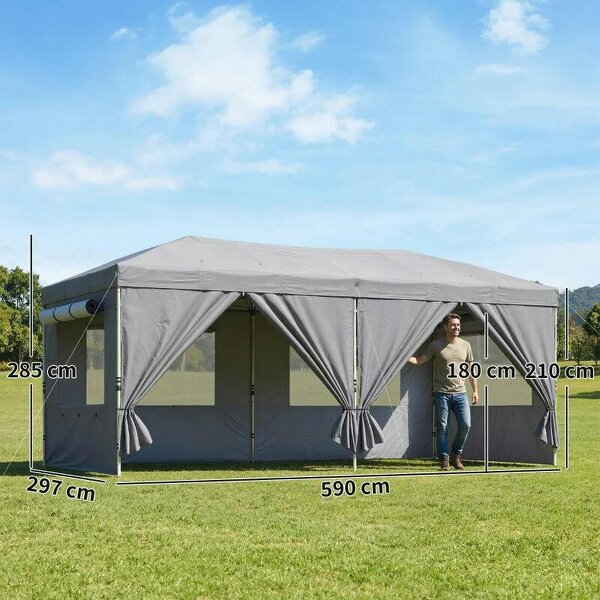 3 x 6 m Pop Up Canopy with UV50+ Protection Garden Gazebo with 6 Sidewalls, Dark Grey