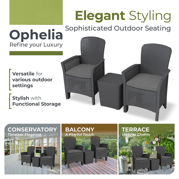 Homeology OPHELIA 3-Piece Rattan Garden Furniture High Back Armchair Set with Side Table in Black