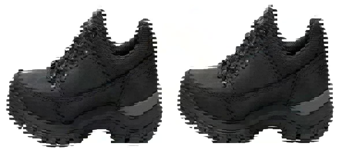 Caterpillar Threshold Hiker Low Mens Casual Leather Lace Up Trainer Shoes, black leather hiking shoes with sturdy sole and lace-up design.