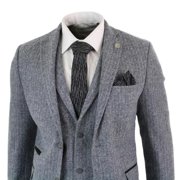 TruClothing Men's 3 Piece Grey Herringbone Tweed Suit