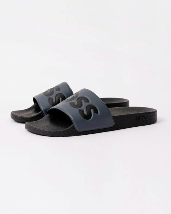 BOSS Orange Aryeh Mens Italian-Made Slides With Large Logo Detail - Medium Grey 036 - CHO - Designer Mens Sandals