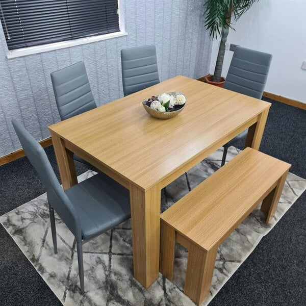 KOSY KOALA 6 Seater Modern Light Wood Dining Table Set with 4 Grey Faux Leather Chairs and Bench Metal Legs H75 x L140 x W80 cm