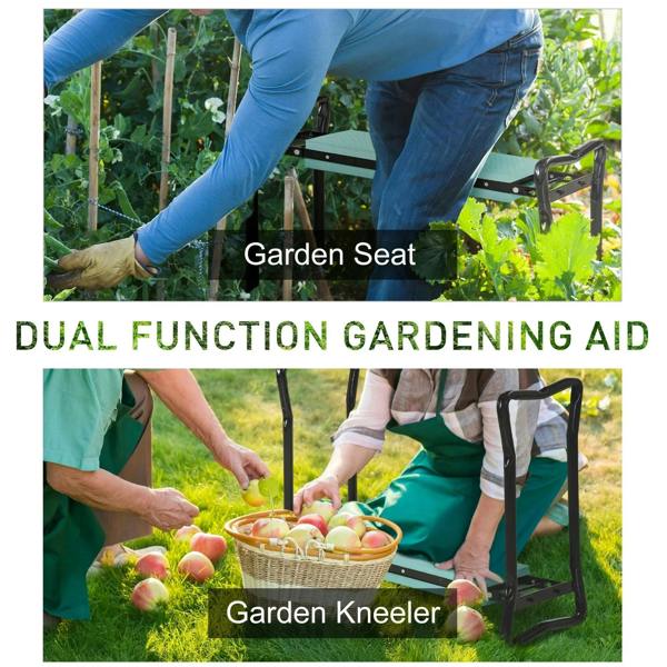 Dual-purpose garden seat and kneeler with dark green cushion and black metal frame