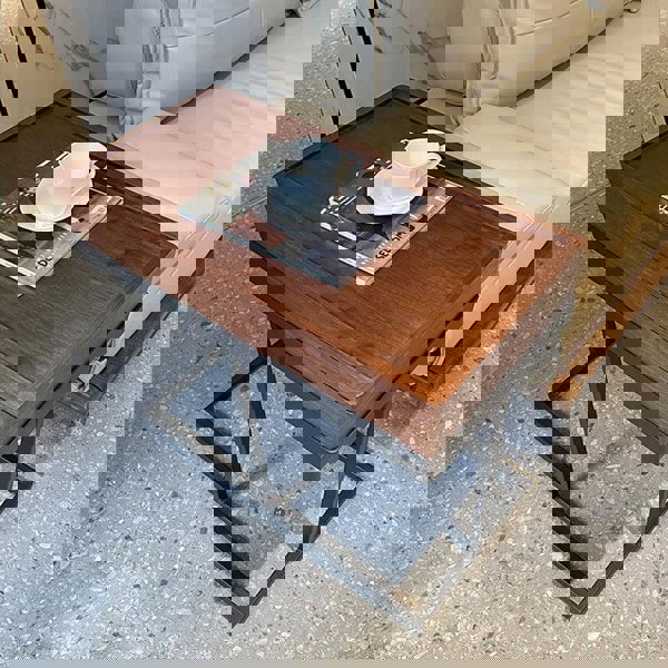 Hay Storage Side Table, Walnut in a lifestyle setting with folding outdoor dining table and chairs