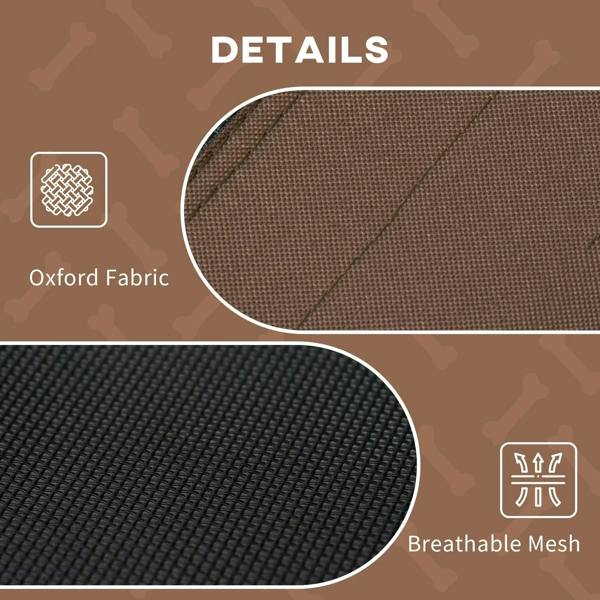 Brown fabric and breathable mesh panel detail for elevated pet cot