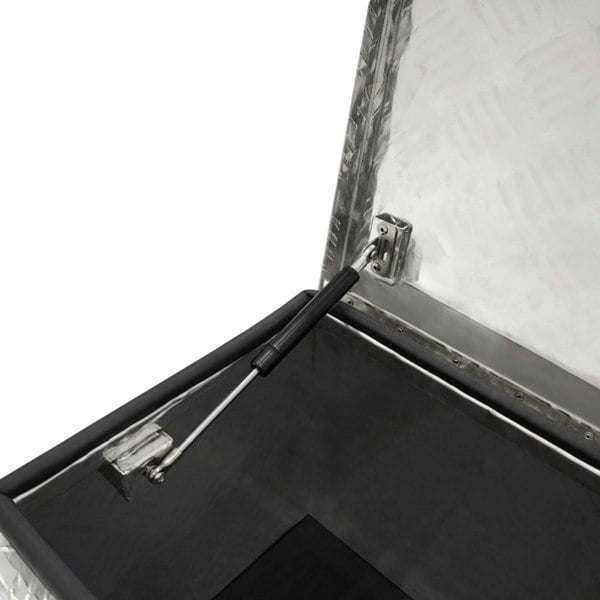Extra large aluminium tool box with a diamond plate finish, featuring a gas strut for easy opening and a spacious interior for storage