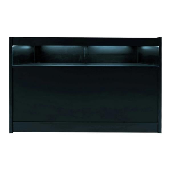 Sleek black Luna LED shop counter set featuring illuminated shelves, smooth finish, and modern design for stylish retail displays