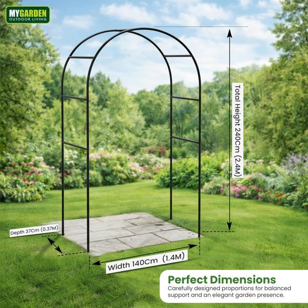 My Garden Outdoor Living Metal Garden Arch 2.4M, Florence Garden Arbour with Ground Stakes for Climbing Roses, Flowers & Plants, Indoor/Outdoor