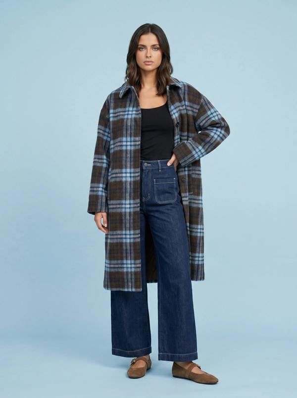 Urban Bliss Check Collared Longline Coat Blue Pattern