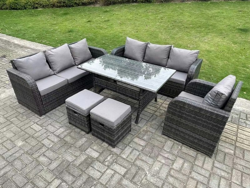 Fimous 9 Seater Dark Grey Rattan Outdoor Dining Set - Reclining Chair, Lounge Sofa, 3-Seater Sofa & 2 Stools