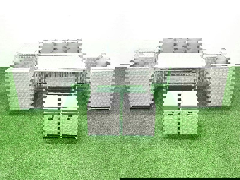 Fimous Garden Dining Set Outdoor Rattan Furniture Set with Sofa Dining Table 2 Chairs 2 Small Footstools Side Table Light Grey Mixed
