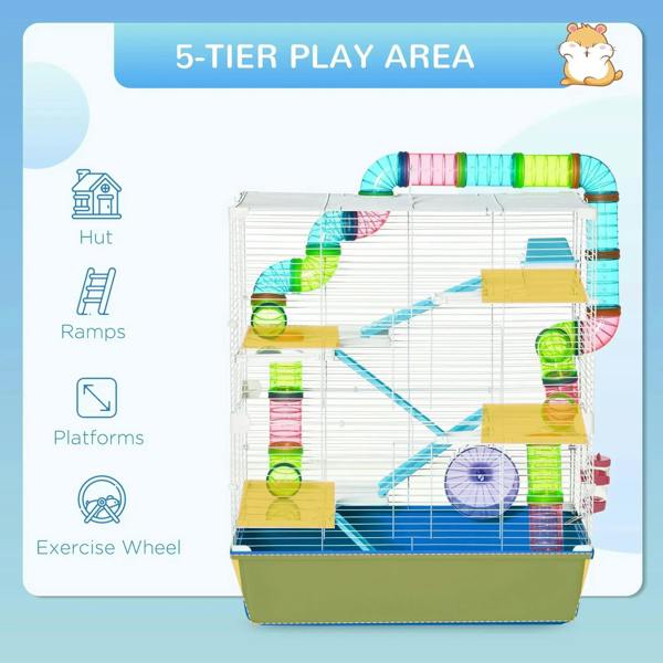 Blue 5-tier hamster cage with ramps, platforms, and exercise wheel