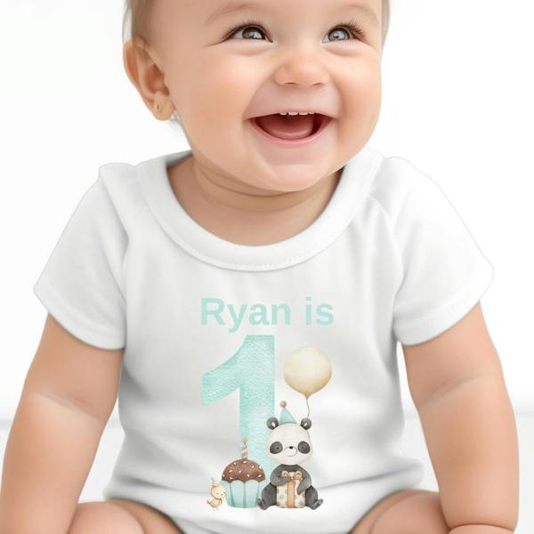 Personalised Green Panda 1st Birthday Baby Grow, Vest or Bib with Name