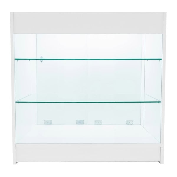 White Apollo LED shop counter set featuring sleek glass shelves and a modern design, ideal for showcasing products in retail spaces