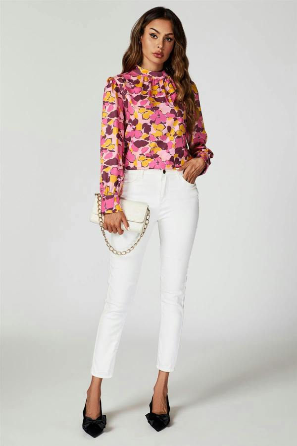 FS Collection Floral Print Long Sleeve High Neck Top In Pink
