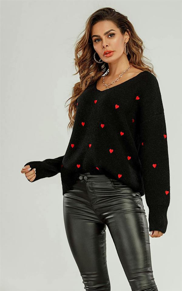FS Collection Embroidery Red Heart V Neck Jumper In Black