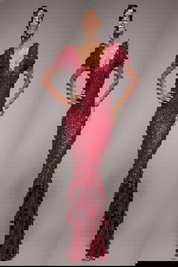 Puff Sleeve Tiered Hem Maxi Dress - Wine DR4022