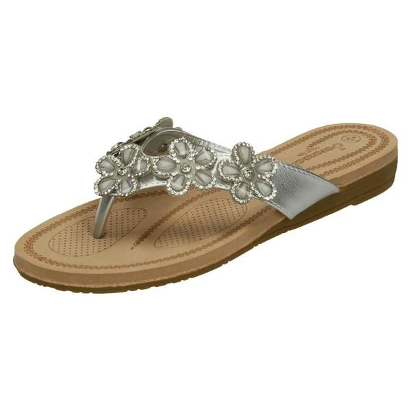 Savannah Ladies Savannah Jewelled Flower Trim Toepost Sandals